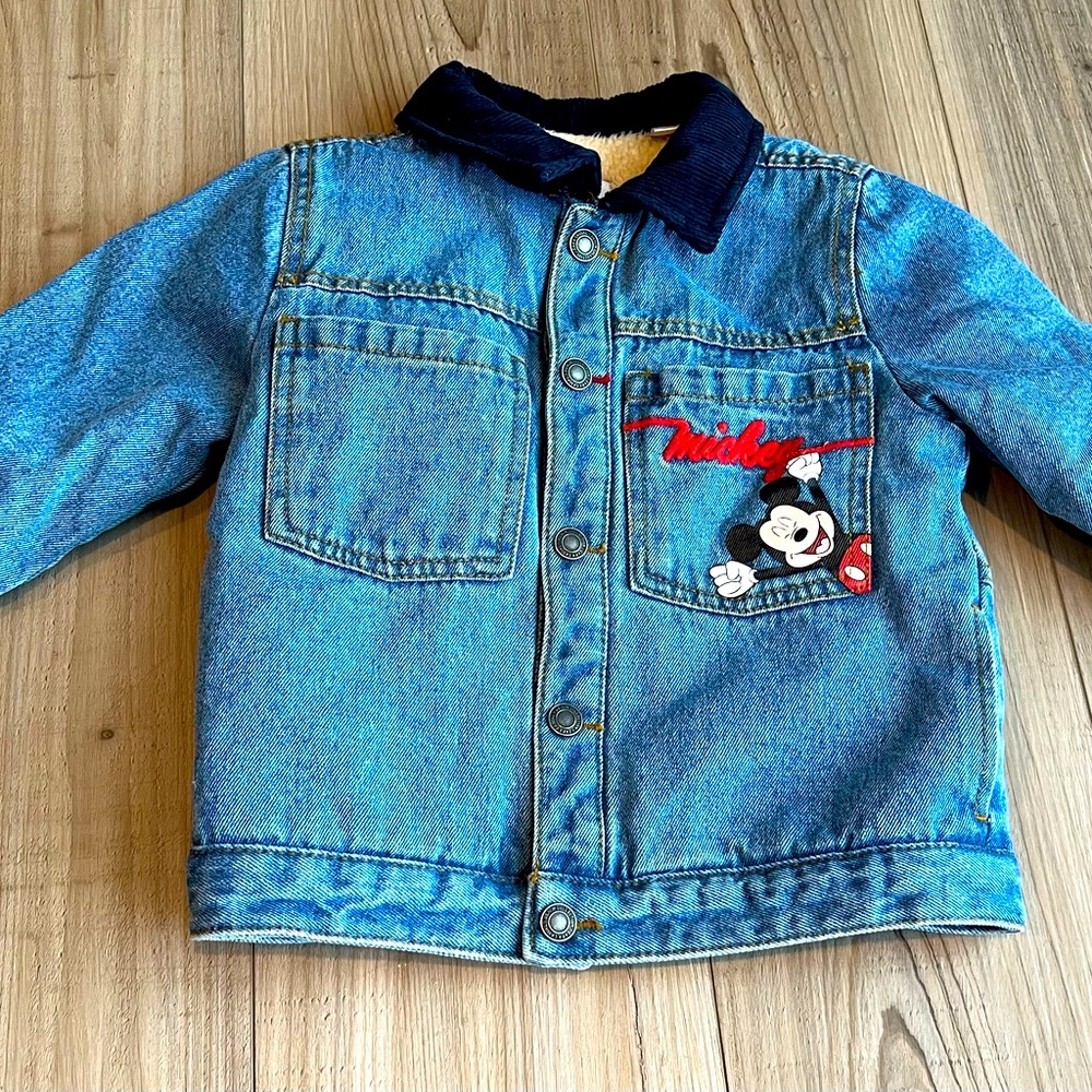 Zara Kids Disney Mickey Mouse Sherpa Lined Denim Jacket with Corduroy Collar